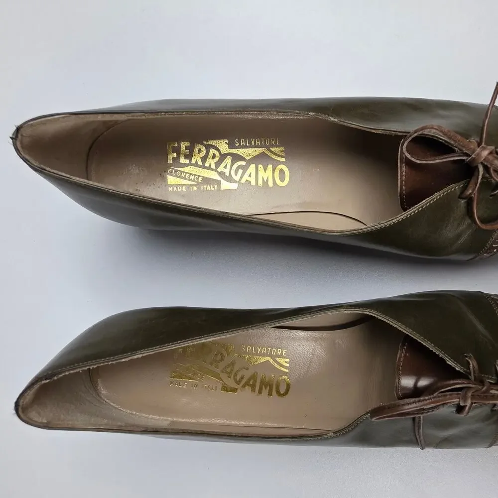 70's Salvatore Ferragamo Olive Green Leather Brogue Wingtip Lace-up Oxfords 7AA